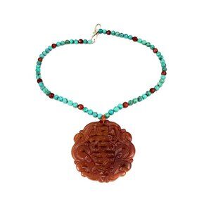 Handcrafted Carved Jade Pendant Necklace With Turquoise and Red Agate Beads